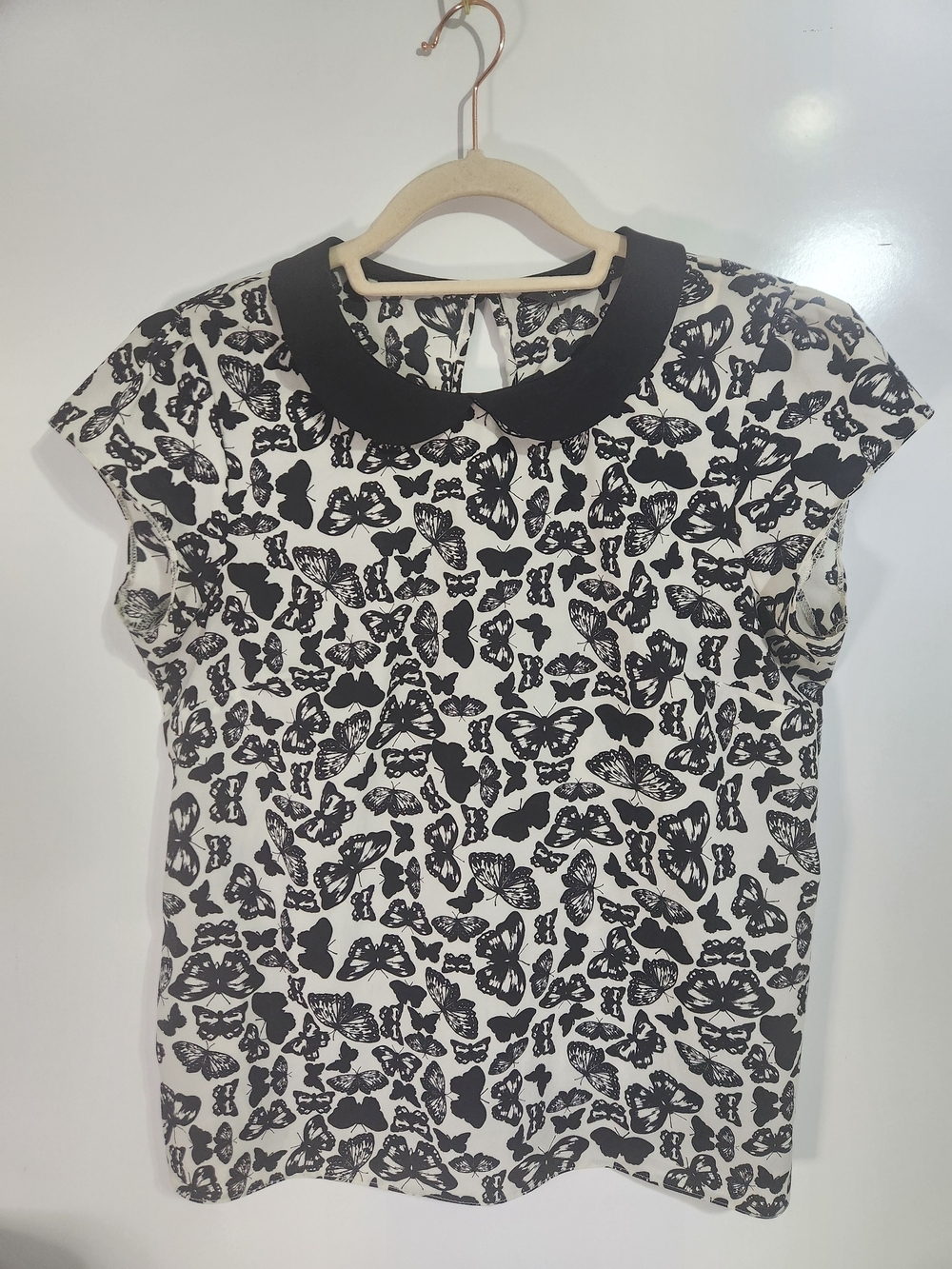 Black & White Butterfly Print Peter Pan Collar Top, Size 14